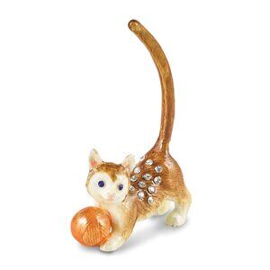 Pewter Bejeweled Crystals Enameled SASAFRAS Cat w Ball of Yarn Ring Holder